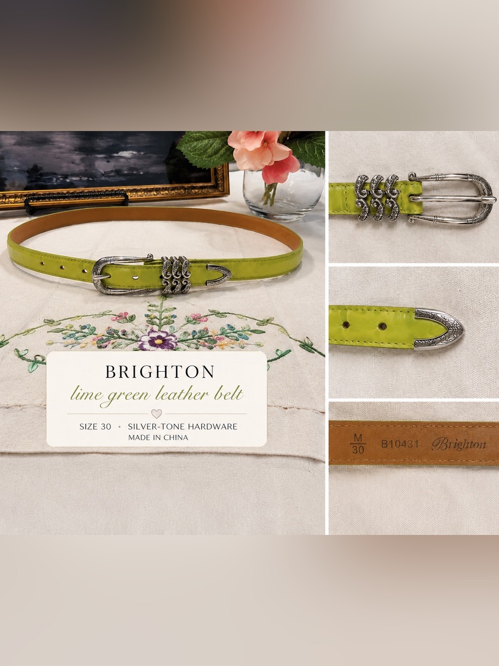 Brighton Embossed Leather Belt | Size 30 | Lime Green Croc Print | Silver Buckle